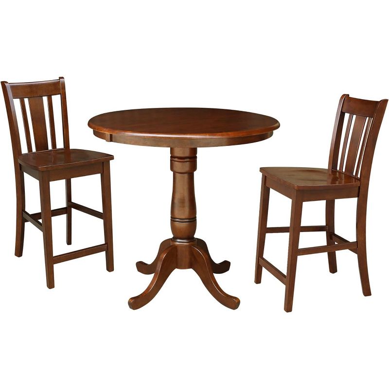 International Concepts 36 inches Round Top Pedestal Ext Table With 12 inches Leaf And 2 San Remo Rta Counter Height Stools, 1 of 2
