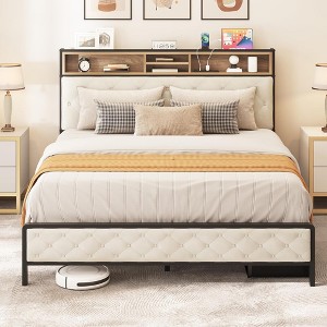 QingMoon Queen Size Bed Frame with Charging Station, Platform Bed Frame with Upholstered Storage Headboard and Large Under Bed Storage for Bedroom - 1 of 4