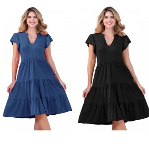 INSPIRE CHIC Women's Ruffle Short Sleeve V Neck Side Pockets Midi Dress 2 Packs - 1 of 4