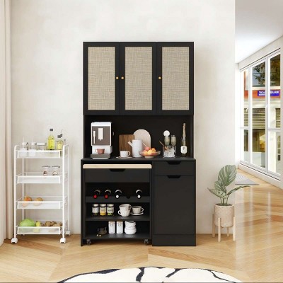 69 Inch Buffet Cabinet,Kitchen Pantry Storage Cabinet with Microwave Stand And 3 Rattan Doors-Maison Boucle