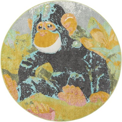 Round Multi-Color Synthetic Kids Rug with Gorilla Design