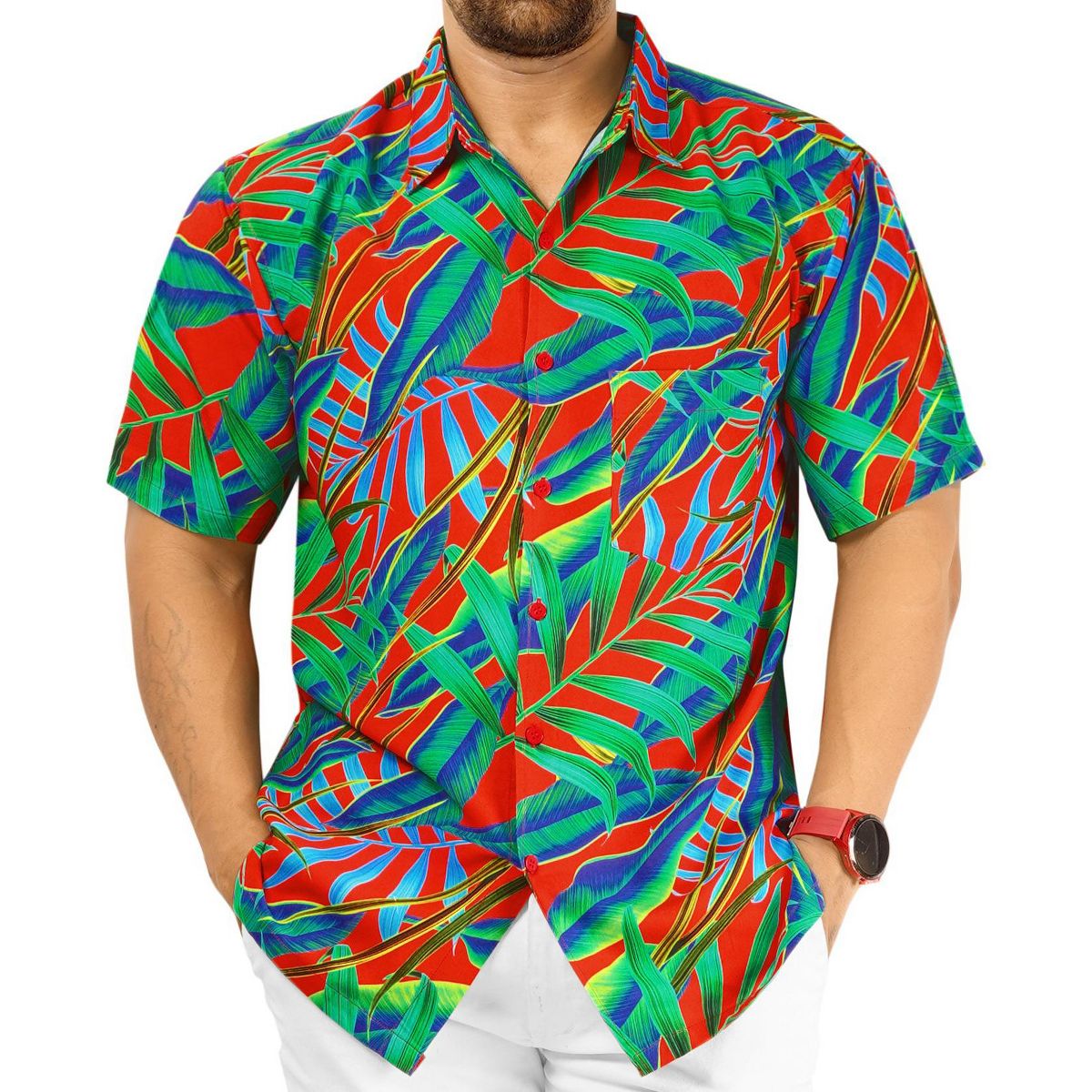 HAPPY BAY Mens Short Sleeve Button Down Hawaiian Collar Shirts Aloha Camp Beach Vacation Shirts Casual Camp Summer Untuckit Shirt XXL Blue,Tree - thumbnail 6