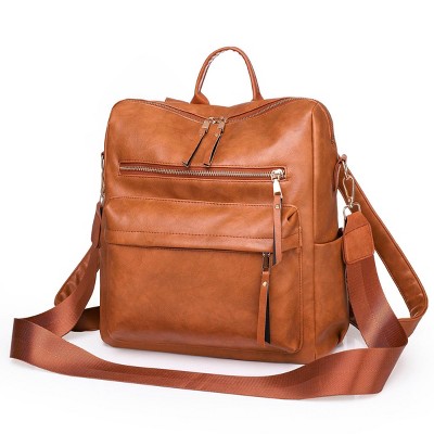 INFURNIC Backpacks Women PU Leather Backpack Purse with Large Capacity Waterproof Stylish Design for Travel Work, Brown, 13.46"*6.63"*2.34"