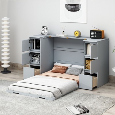Whisen Modern Style Murphy Bed with Drawers, Cabinets, USB Ports and High Stools