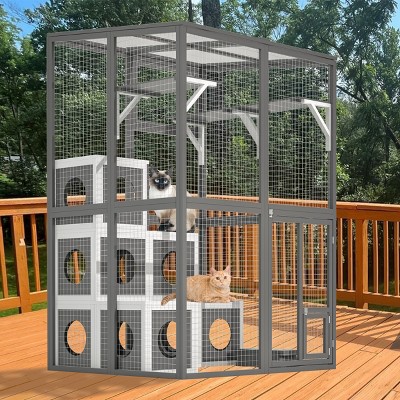 LAOTIES Outdoor Wooden Catio,Large Cat House With Solid Wood Frame,Wire Mesh,2 Jump Platforms,7 Napping Houses,Walk-in Kennel,Weatherproof Roof
