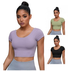 INSPIRE CHIC 3 Packs Women's U Neck Short Sleeve Deep V Back Shapewear Workout Tank Tops with Bulit in Bra - 1 of 4