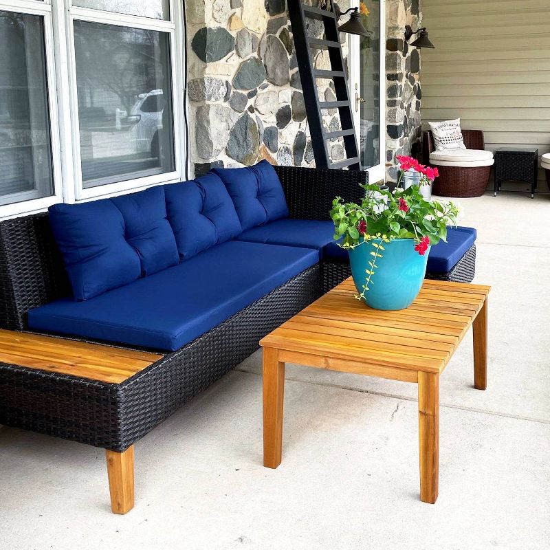 3pc Outdoor Acacia Wood Conversation Set with Sectional Sofa &#38; Cushions - Captiva Designs, 3 of 12