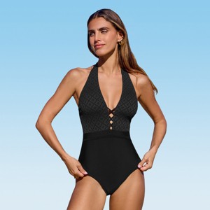 Women's Black Halter Open Back and Crisscross Front One-Piece Swimsuit - Cupshe - 1 of 4