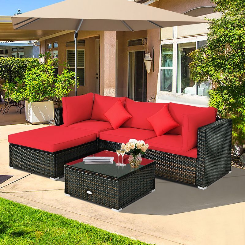 Costway 5PCS Outdoor Patio Rattan Furniture Set Sectional Conversation W/Red Cushions, 4 of 9