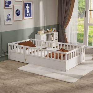 Okak Twin/Full Size Floor Bed Frame, Children's Floor Bed Frame with High Safety Rails & Door, Modern Low Bed Frame for Children's Bedroom - 1 of 4