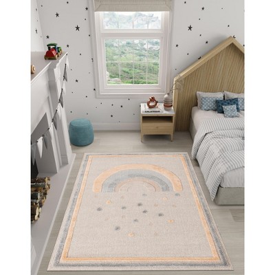 Ivory and Gray Rectangular Synthetic Kids Rug