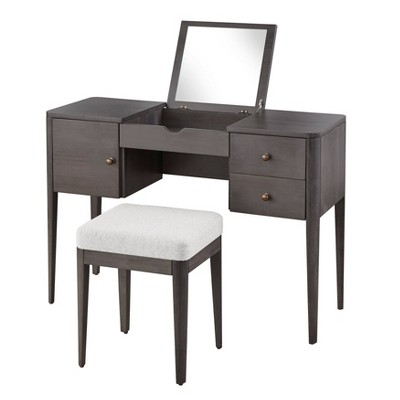 Parc Vanity Desk Mirror and Upholstered Stool Set Gray - Lifestorey