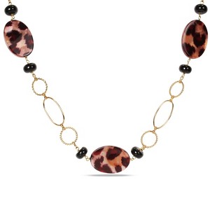 EVERLY JEWELRY | Yellow Plated Goldtone 35 MM Oval Leopard Bead and Onyx Bead Link Necklace - 30 in - 1 of 2