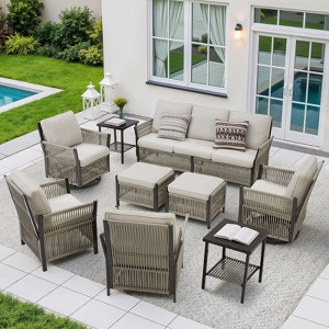 Buenhomino 9-Piece Outdoor Furniture Set – Sofa, Armchairs, Swivel Chairs, Ottomans & Side Tables with Cushions, PE Wicker Frame - 1 of 4