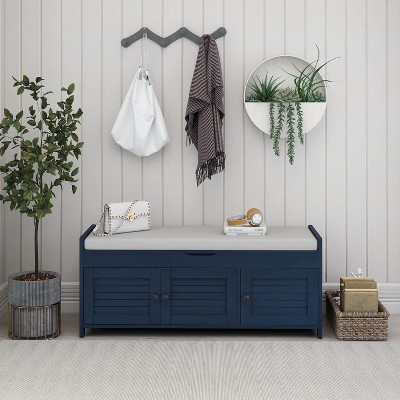 Acekool Wash Shoe Storage Bench – Removable Cushion with 3 Shutter Door,sturdy Wood Legs, Hidden Top Storage for Entryway & Bedroom