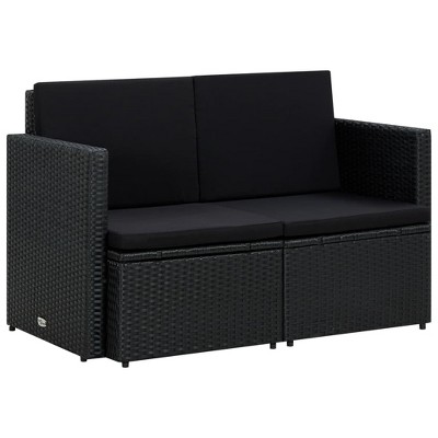 vidaXL 2 Seater Patio Sofa with Cushions Black Poly Rattan