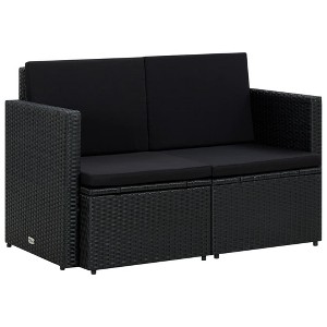 vidaXL 2 Seater Patio Sofa with Cushions Black Poly Rattan - 1 of 4