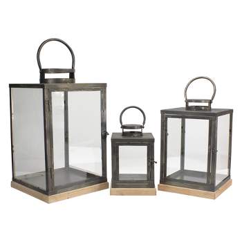 Melrose Set of 3 Bronze Glass Candle Lanterns With a Latch Hook Lock - 21"