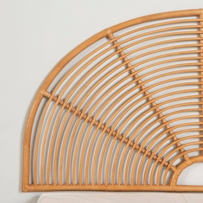 Queen White and Natural Wood Bohemian Bed with Rattan Headboard