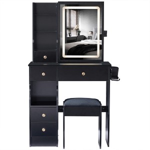 Small Size Left Drawer Makeup Vanity Desk With Cushioned Stool, Power Station, Makeup Table Set with Extra Large Touch Control Sliding LED Mirror - 1 of 4