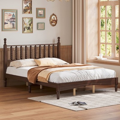 NicBex Retro Style Queen Wood Platform Bed Frame with Gourd Shaped Headboard,Solid Wood Slats Support,No Box Spring Needed,Easy Assembly,Walnut/White
