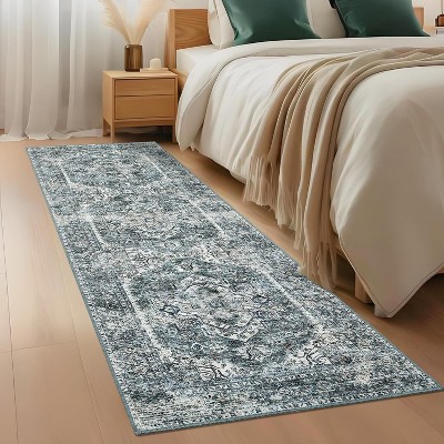 5'x7' Washable Rug, Non-Slip Vintage Medallion Low-Pile Rug, Foldable for Living Room, Dining Room & Bedroom, Blue Green