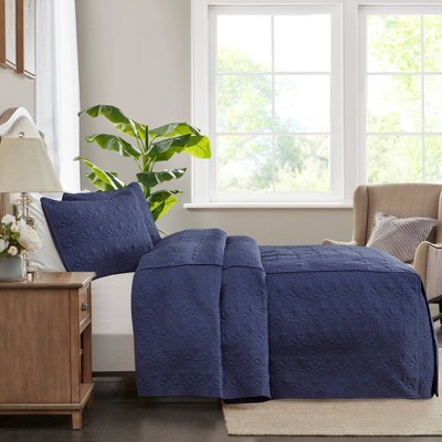 Navy Microfiber Queen Bedspread Set with Shams