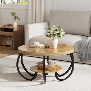 30"Round Coffee Table,2-Tier Coffee Table with Storage Shelf and Designed Wood Grain - 1 of 4