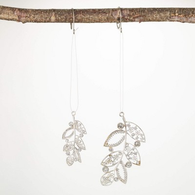 4"H and 3"H Sullivans Jeweled Leaf Ornament - Set of 2  Silver Christmas Ornaments