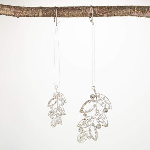 4"H and 3"H Sullivans Jeweled Leaf Ornament - Set of 2  Silver Christmas Ornaments - 1 of 2