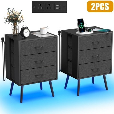 Dolonm Nightstand Set of 2,Nightstand with Charging Station for Bedroom,Night Stand with LED Light & Fabric Drawers, Dresser Bedside Table