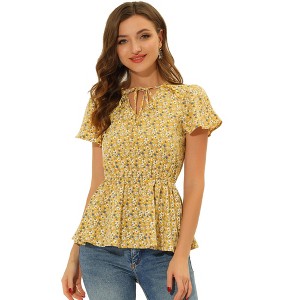 INSPIRE CHIC Women's Floral Print Smocked Flutter Sleeves Tie Collar Peplum Blouse - 1 of 4