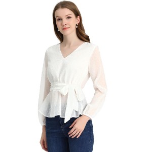 Allegra K Women's Swiss Dots V Neck Long Sleeve Tie Waist Peplum Shirt - 1 of 4