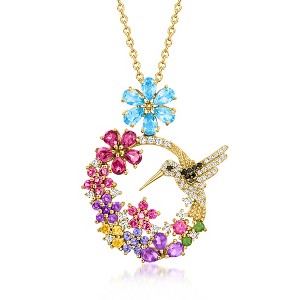Ross-Simons 3.94 ct. t.w. Multi-Gemstone Hummingbird and Flower Pendant Necklace in 18kt Gold Over Sterling Size 18 - 1 of 3