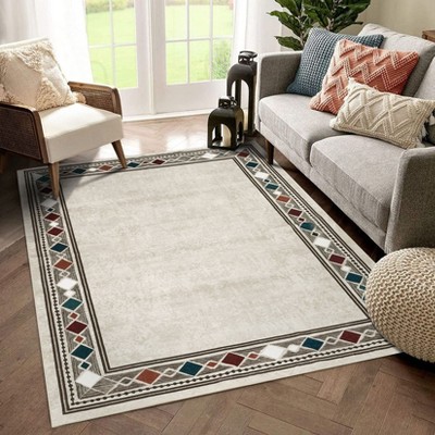5x7 Machine Washable Modern Bordered Area Rug Non Slip Contemporary Geometric Accent Rugs for Living Room, Bedroom, Dining Room Office