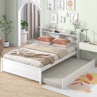 Twin/Full Bed With Trundle, Twin/Full Platform Bed Frame With Headboard Bookcase And Storage Shelves For Bedroom, No Box Spring Needed