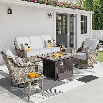 XIZZI 5 PCS Furniture Set with Fire Pit Table, All Weather Rattan Furniture Sofa Set with Swivel Rocking Chairs and 3 Seater Sofa