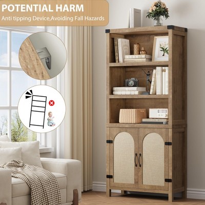 70" Farmhouse Bookshelves with Rattan Doors, Tall Cutlery Shelves with Three Tiers of Open Storage