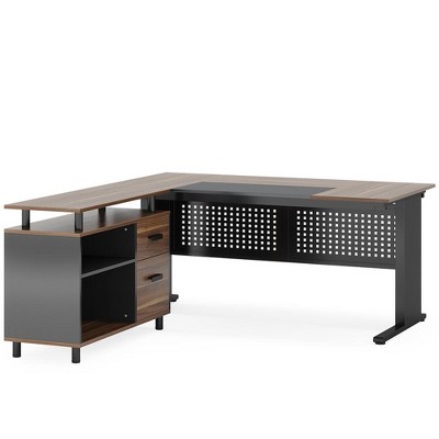 Resenkos Computer Desk, Gaming Desk,Industrial L-Shaped Desk, 63" Computer Executive Desk with File Cabinet,Brown