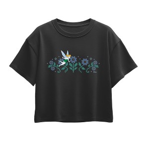 新品 Tinker Bell グラフィック Tシャツ ネイビー S Girls' - Tinker Bell - Floral Cross Stitch Short Sleeve Boxy