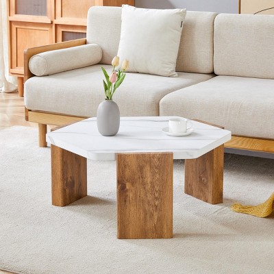 INFURNIC End Tables Modern Hexagonal Coffee Table with White Marble-Look Surface and Triangular Support Base, White, 31"*27.4"*13.6"