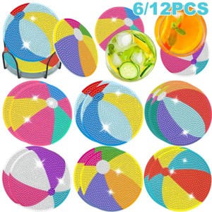 6 Pack Diamond Painting Coaster Kit with Holder, Beach Balls Design DIY Art Crafts with Non-Slip Back, Fun Gift for Adults Home Decor - 1 of 4