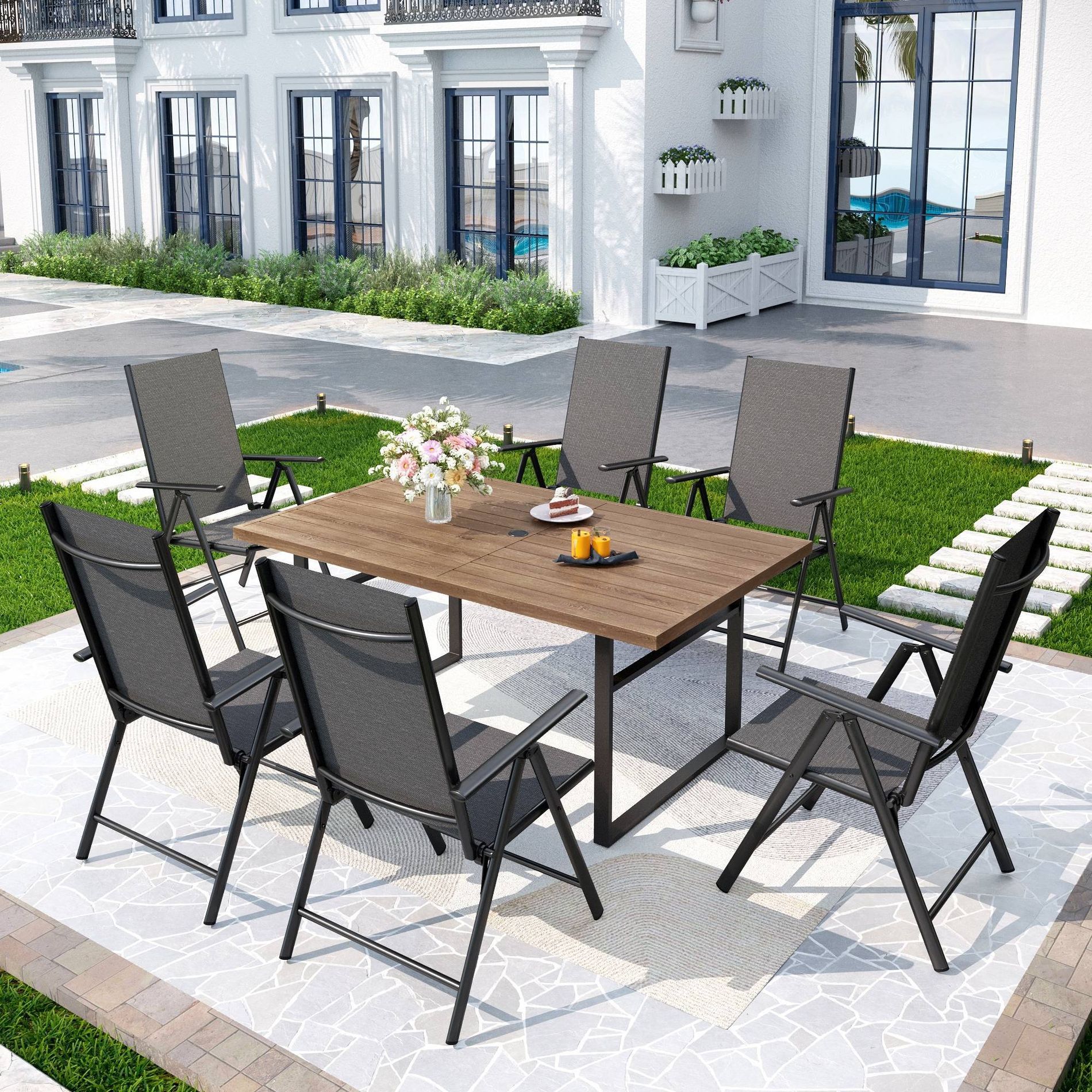 7pc Patio Dining Set with Faux Wood Rectangular Table with Umbrella Hole & Folding Reclining Chairs - Captiva Designs