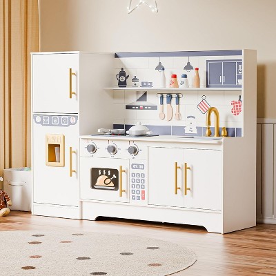 JOYMOR Ages3 Wooden Play Kitchen Set with Coffee Machine Accessories Pretend Play Cream Gold