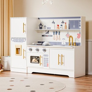 JOYMOR Ages3 Wooden Play Kitchen Set with Coffee Machine Accessories Pretend Play Cream Gold - 1 of 4