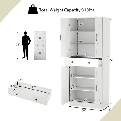 Costway 72" Tall Kitchen Pantry Modern Farmhouse Cupboard Cabinet with 4 Barn Doors White — фото 3