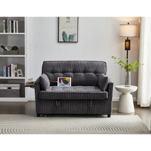 TiramisuBest 55" Corduroy Foldable Sofa Bed with Adjustable Backrest and USB Port, 2-Seat Convertible Sleeper Couch with Pillows, Dark Gray - 1 of 4