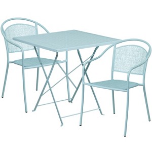 Emma and Oliver Commercial Grade 28" Square Sky Blue Folding Patio Table Set-2 Round Back Chairs - 1 of 4