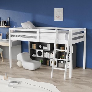 VINGLI 47'' Tall Junior Low Loft Bed with Stairs, White Wood Loft Bed Twin Size for Adults - 1 of 4