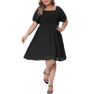 Agnes Orinda Women's Plus Size Smocked Square Neck Short Sleeve Stretchy A Line Dresses - 1 of 4